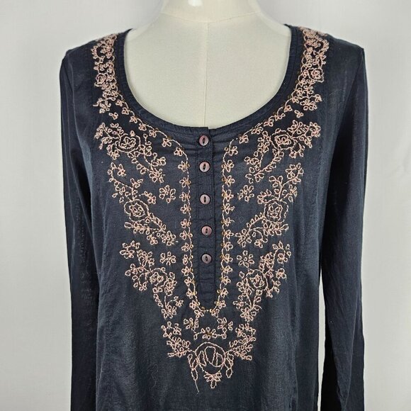 Lucky Brand  Black Embroidered Tunic Dress Medium Cotton Whimsigoth Boho Cottage - Picture 4 of 10